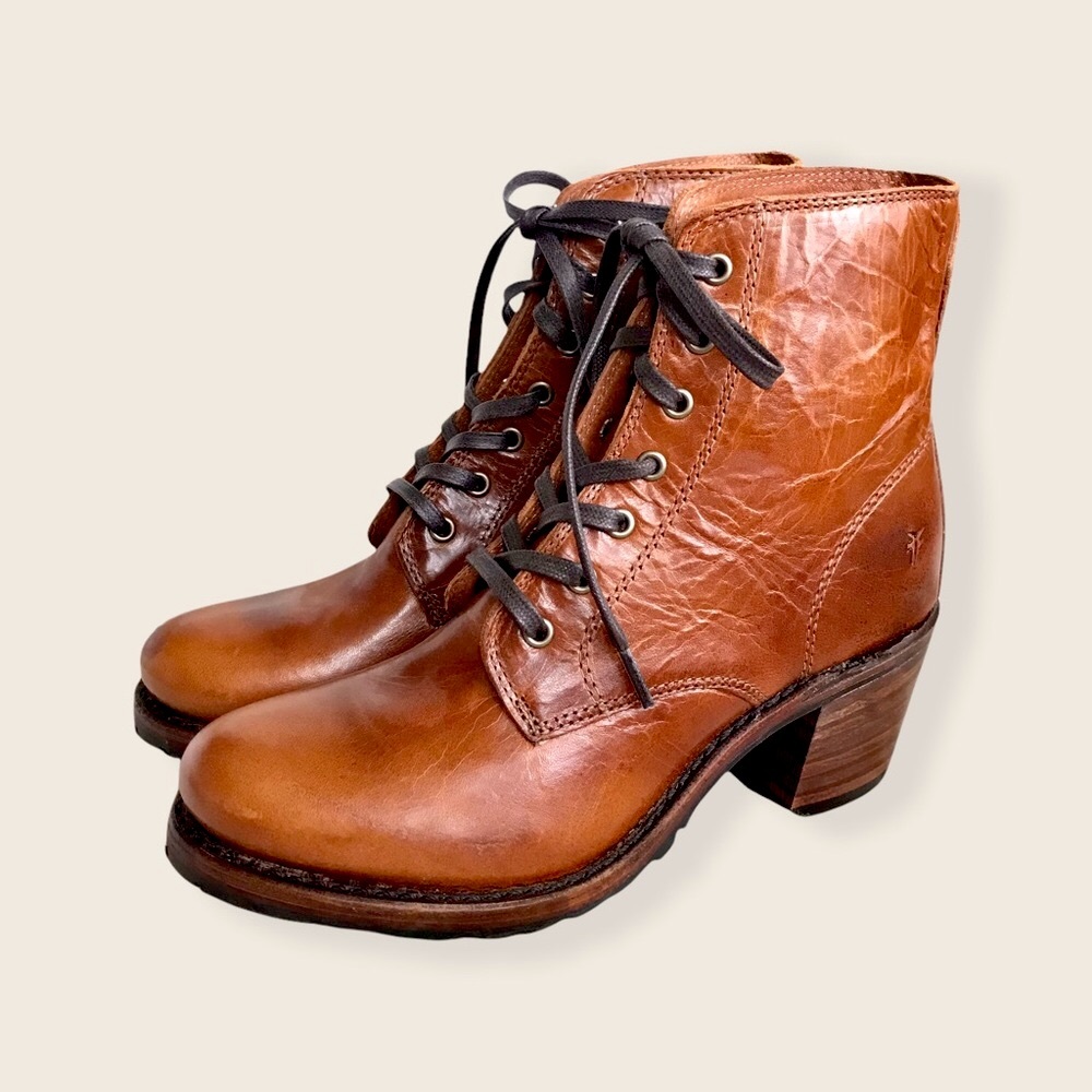 RARE Frye Sabrina 6G Cognac Laced Combat AnkleBoot - Picture 12 of 16